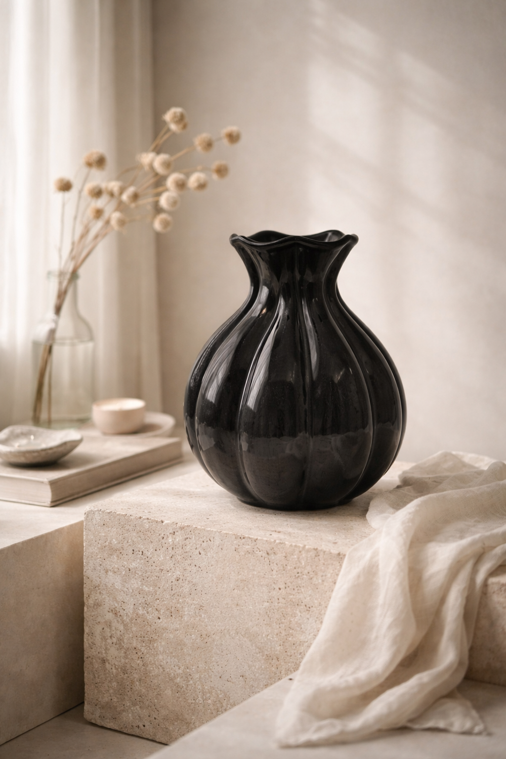 Fluted Black Pottery Vase