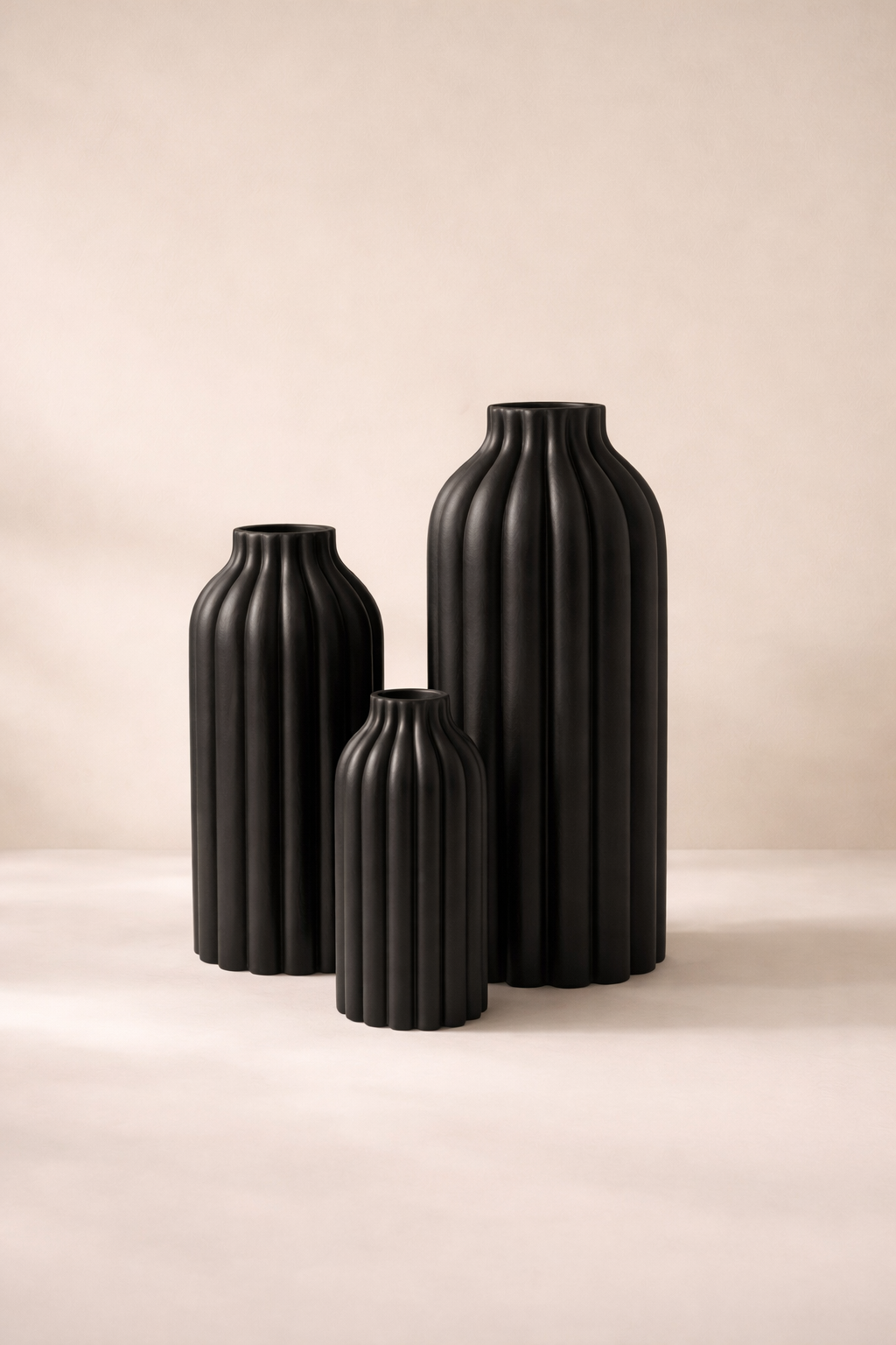 Trio Midnight Black Ribbed Column Vase