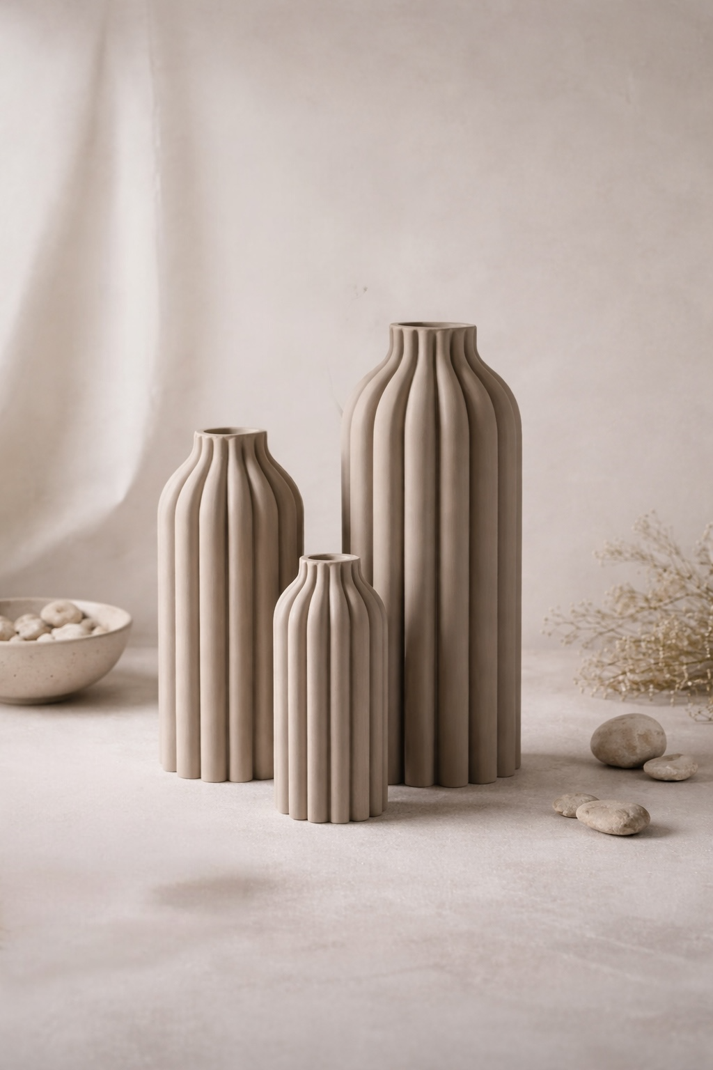 Trio Muted White Ribbed Column Vase