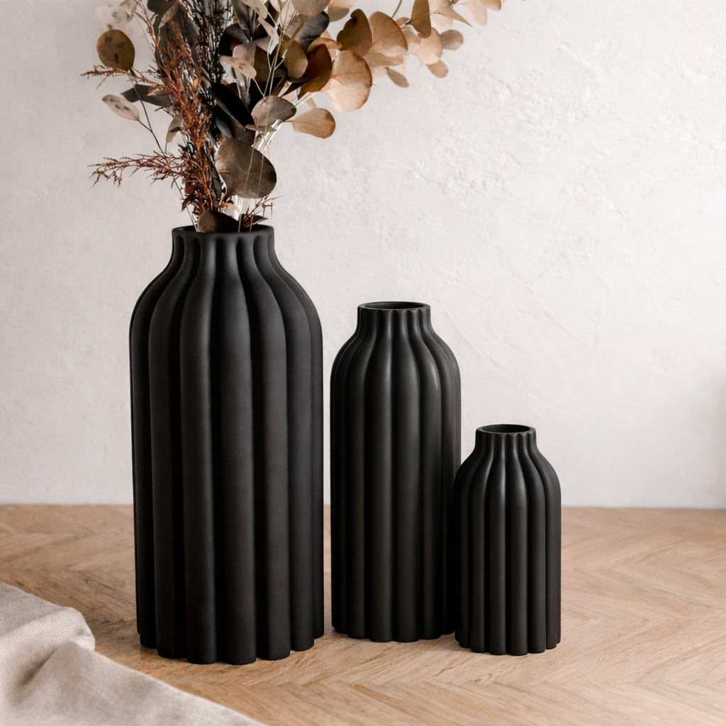 Trio Midnight Black Ribbed Column Vase
