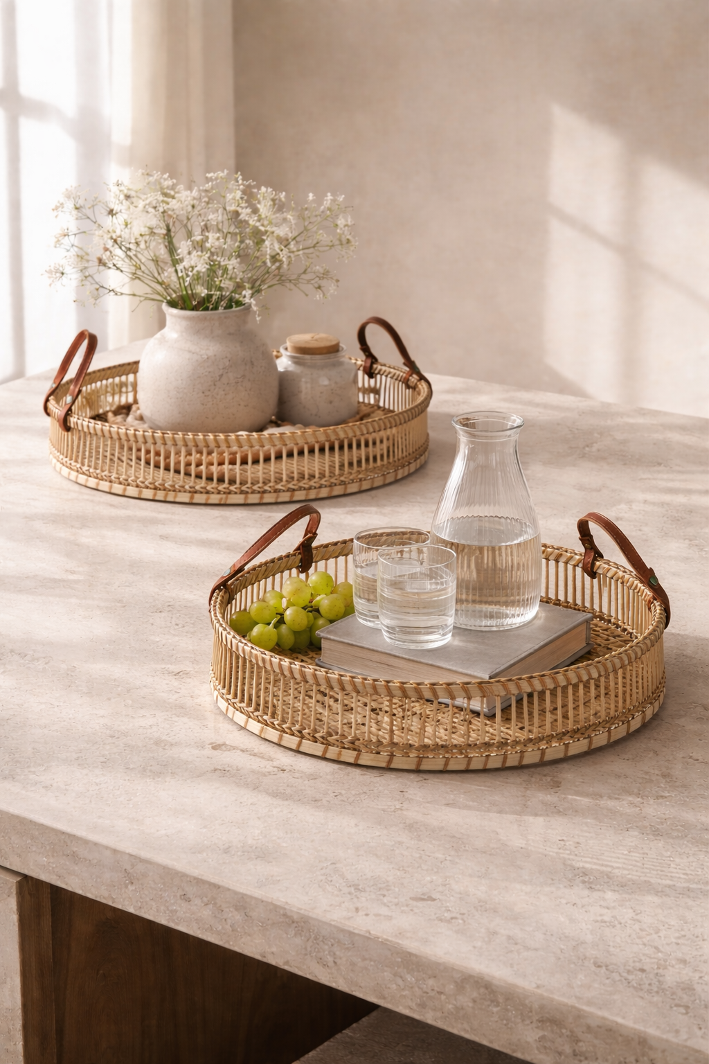 Woven Bamboo Trays with Leather-Look Handles