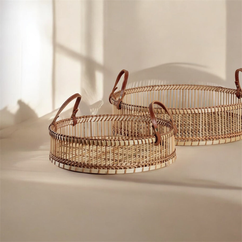 Woven Bamboo Trays with Leather-Look Handles