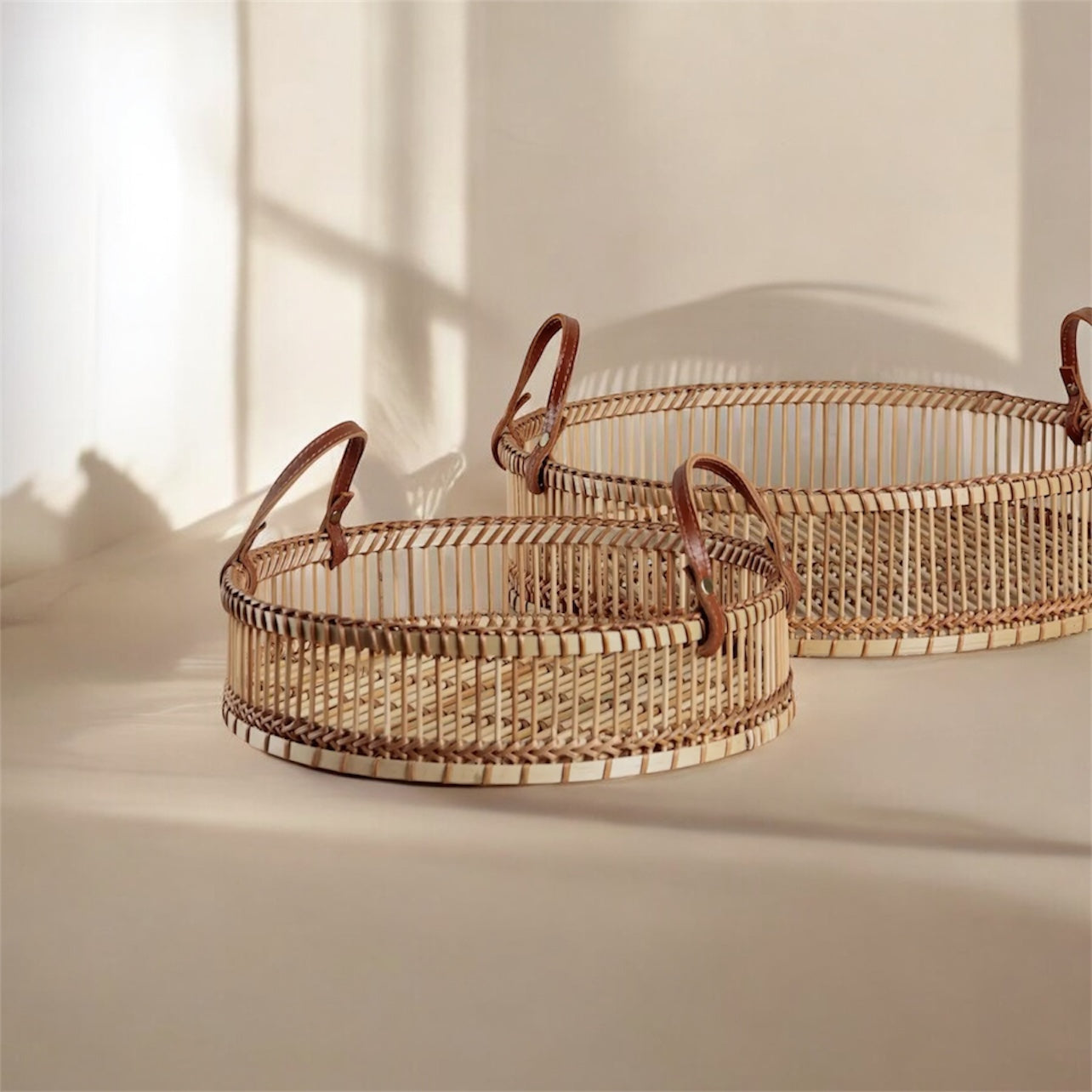 Woven Bamboo Trays with Leather-Look Handles